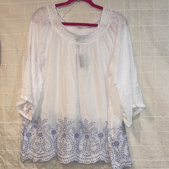 new directions Tops - New Directions White Blouse with Blue Embroidery